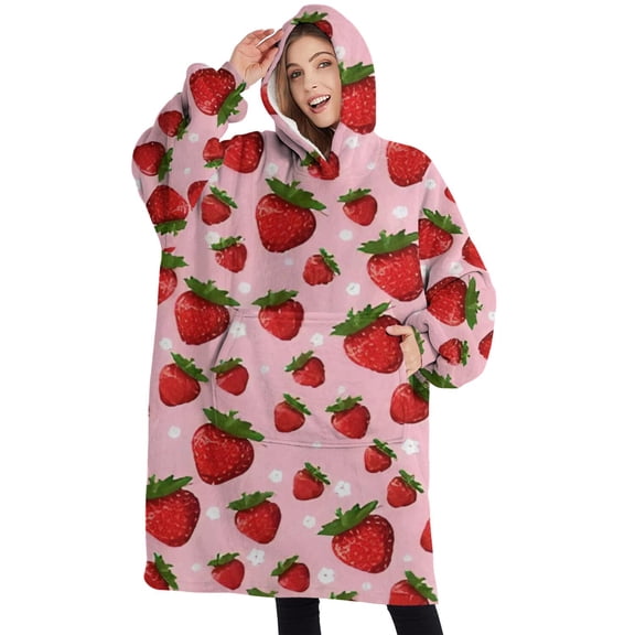 Oversized Wearable Blanket Hoodie,Red Strawberry Plants Fruit Dot Pink Pattern Sherpa Blanket Hoodie with Super Pockets,Super Warm Fuzzy Pullover for Women & Men