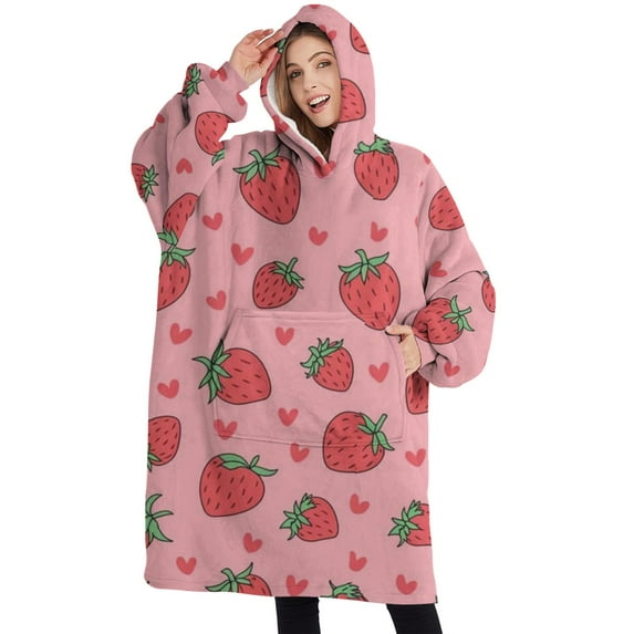 Oversized Wearable Blanket Hoodie,Red Strawberry Plants Fruit Heart Pink Pattern Sherpa Blanket Hoodie with Super Pockets,Super Warm Fuzzy Pullover for Women & Men