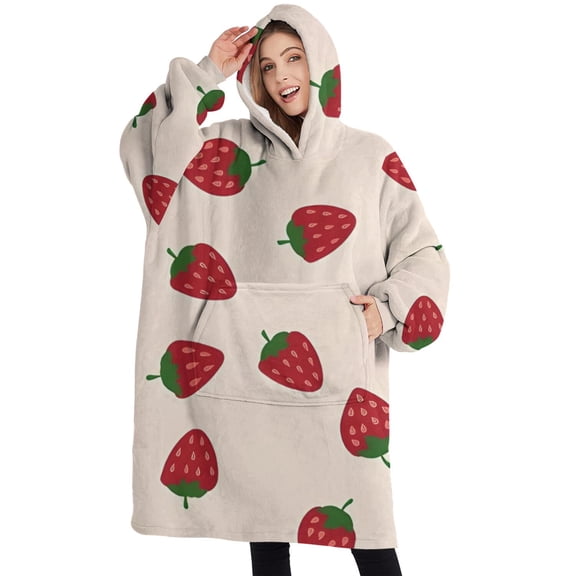 Oversized Wearable Blanket Hoodie,Red Strawberry Plants Fruit Light Pink Pattern Sherpa Blanket Hoodie with Super Pockets,Super Warm Fuzzy Pullover for Women & Men