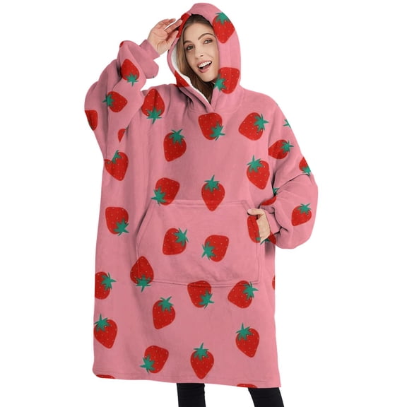Oversized Wearable Blanket Hoodie,Red Strawberry Plants Fruit Pink Pattern Sherpa Blanket Hoodie with Super Pockets,Super Warm Fuzzy Pullover for Women & Men