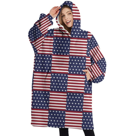 Oversized Wearable Blanket Hoodie,Red White and Blue Star Striped Pattern Sherpa Blanket Hoodie with Super Pockets,Super Warm Fuzzy Pullover for Women & Men