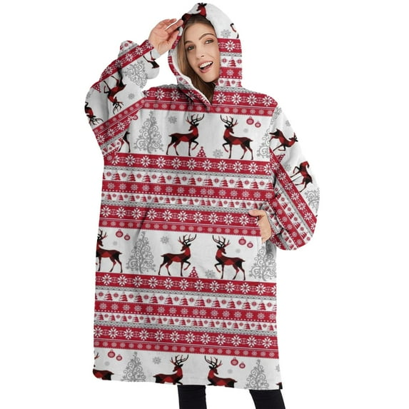 Oversized Wearable Blanket Hoodie,Red and White Christmas Reindeer Pattern Sherpa Blanket Hoodie with Super Pockets,Super Warm Fuzzy Pullover for Women & Men