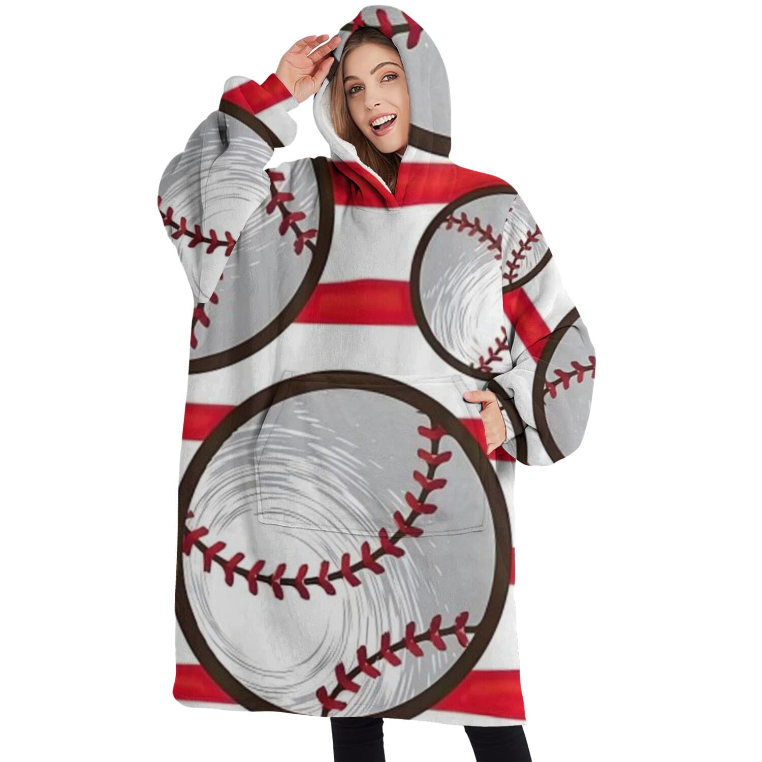 Oversized Wearable Blanket Hoodie,Red and White Striped Baseballs Pattern Sherpa Blanket Hoodie with Super Pockets,Super Warm Fuzzy Pullover for Women & Men