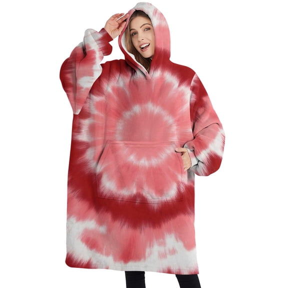 Oversized Wearable Blanket Hoodie,Red White Tie Dye Mandala Pattern Sherpa Blanket Hoodie with Super Pockets,Super Warm Fuzzy Pullover for Women & Men