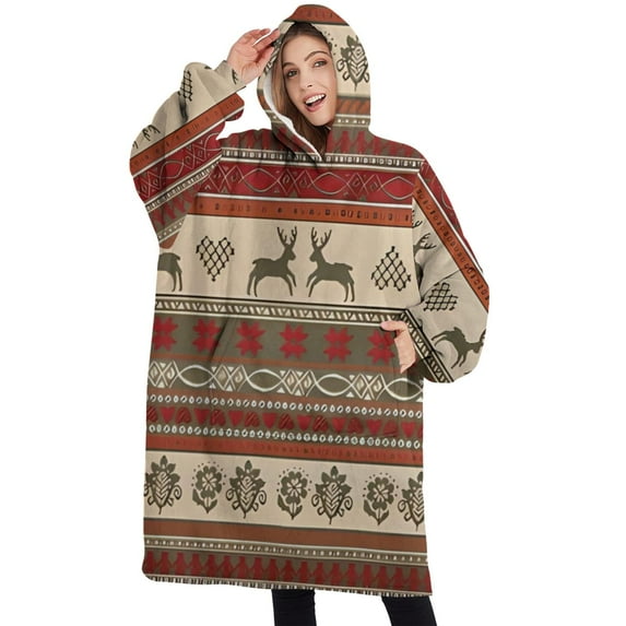 Oversized Wearable Blanket Hoodie,Red and Brown Christmas Pattern Sherpa Blanket Hoodie with Super Pockets,Super Warm Fuzzy Pullover for Women & Men