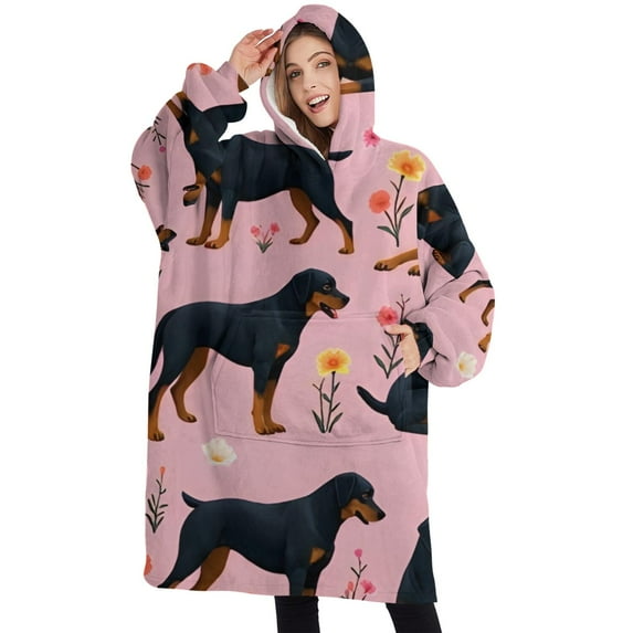 Oversized Wearable Blanket Hoodie,Rottweiler Dogs with Pioneer Flower Sherpa Blanket Hoodie with Super Pockets,Super Warm Fuzzy Pullover for Women & Men