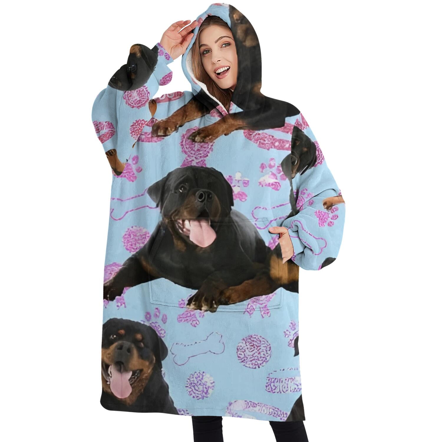 Oversized Wearable Blanket Hoodie,Rottweiler Dogs Sherpa Blanket Hoodie with Super Pockets,Super Warm Fuzzy Pullover for Women & Men