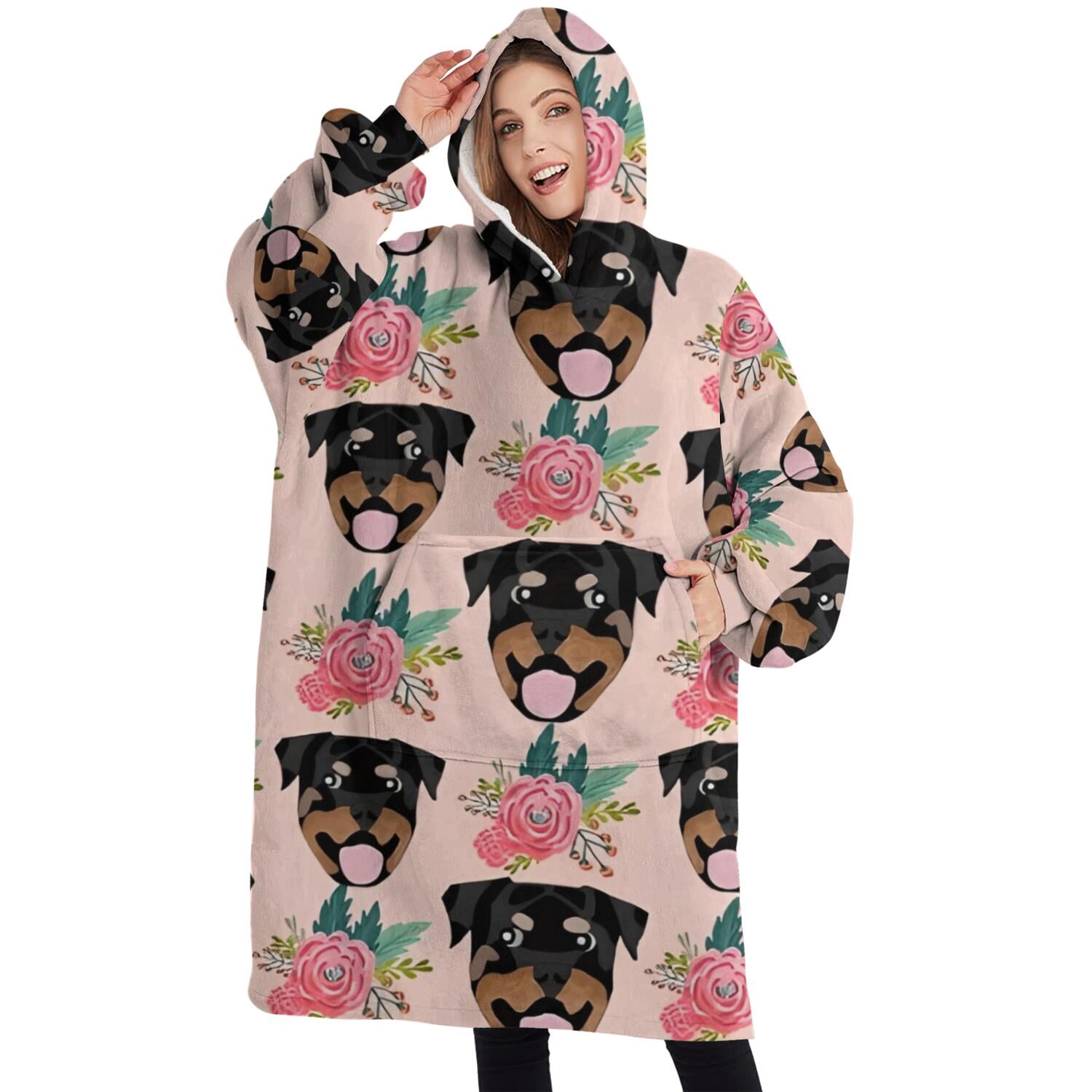 Oversized Wearable Blanket Hoodie,Rottweiler and Pioneer Flower Sherpa Blanket Hoodie with Super Pockets,Super Warm Fuzzy Pullover for Women & Men