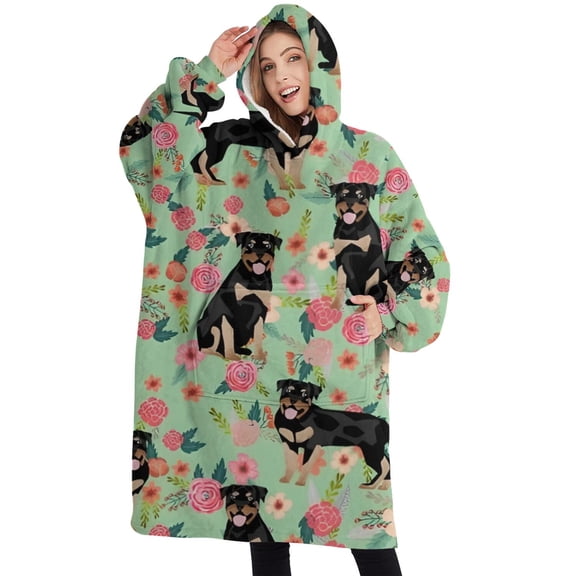 Oversized Wearable Blanket Hoodie,Rottweiler with Pioneer Flower Sherpa Blanket Hoodie with Super Pockets,Super Warm Fuzzy Pullover for Women & Men