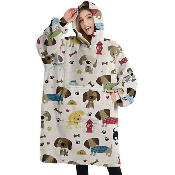 Oversized Wearable Blanket Hoodie,Rover Cream Dogs Bone Sherpa Blanket Hoodie with Super Pockets,Super Warm Fuzzy Pullover for Women & Men