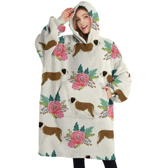 Oversized Wearable Blanket Hoodie,Saint Bernard Dog Breed and Flower Floral Sherpa Blanket Hoodie with Super Pockets,Super Warm Fuzzy Pullover for Women & Men