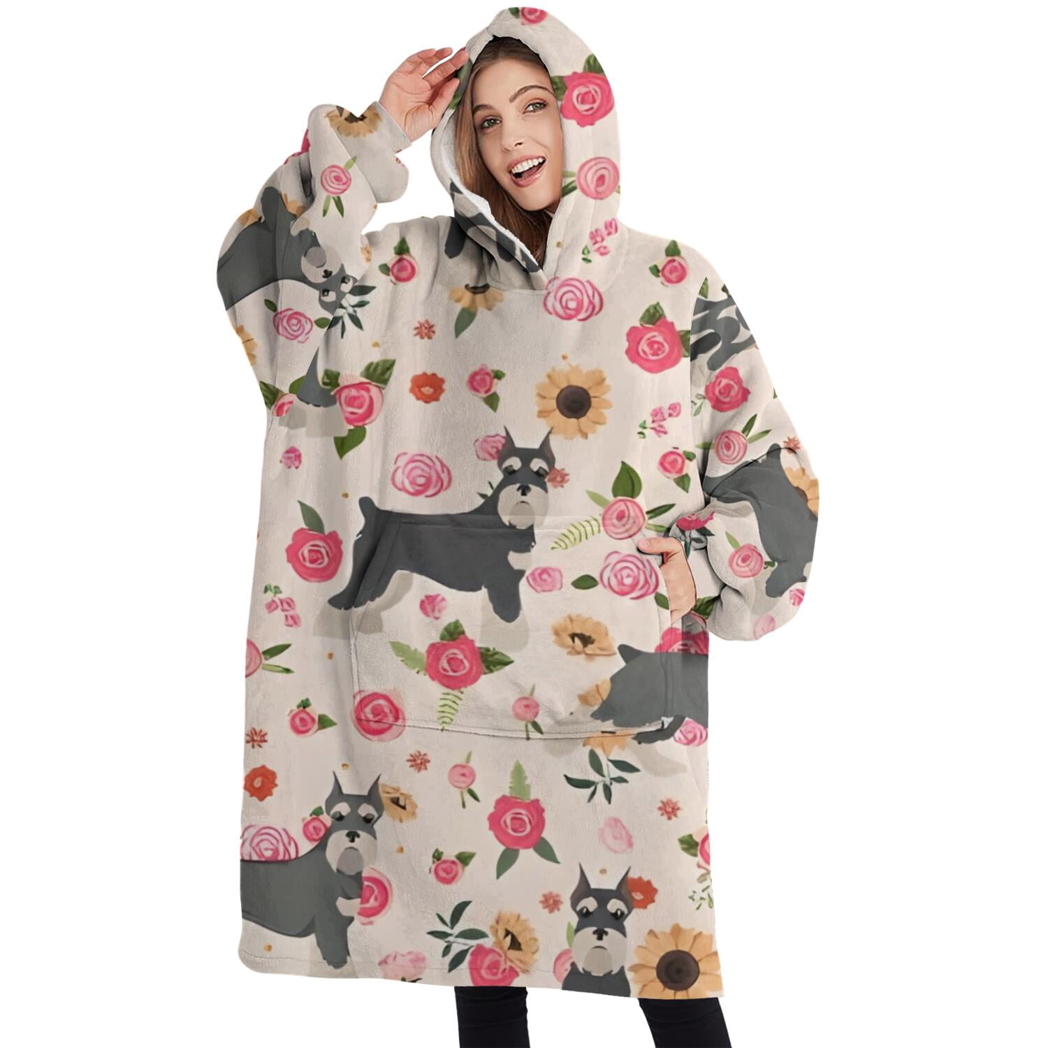 Oversized Wearable Blanket Hoodie,Schnauzer Dog and Flower Floral Sherpa Blanket Hoodie with Super Pockets,Super Warm Fuzzy Pullover for Women & Men