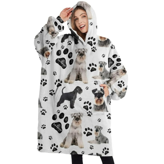 Oversized Wearable Blanket Hoodie,Schnauzer Dog and Footprints Sherpa Blanket Hoodie with Super Pockets,Super Warm Fuzzy Pullover for Women & Men