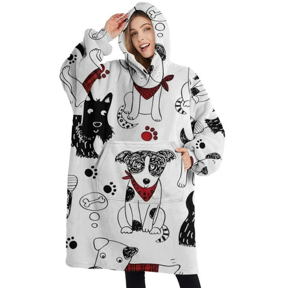 Oversized Wearable Blanket Hoodie,Scribble Dogs Sherpa Blanket Hoodie with Super Pockets,Super Warm Fuzzy Pullover for Women & Men