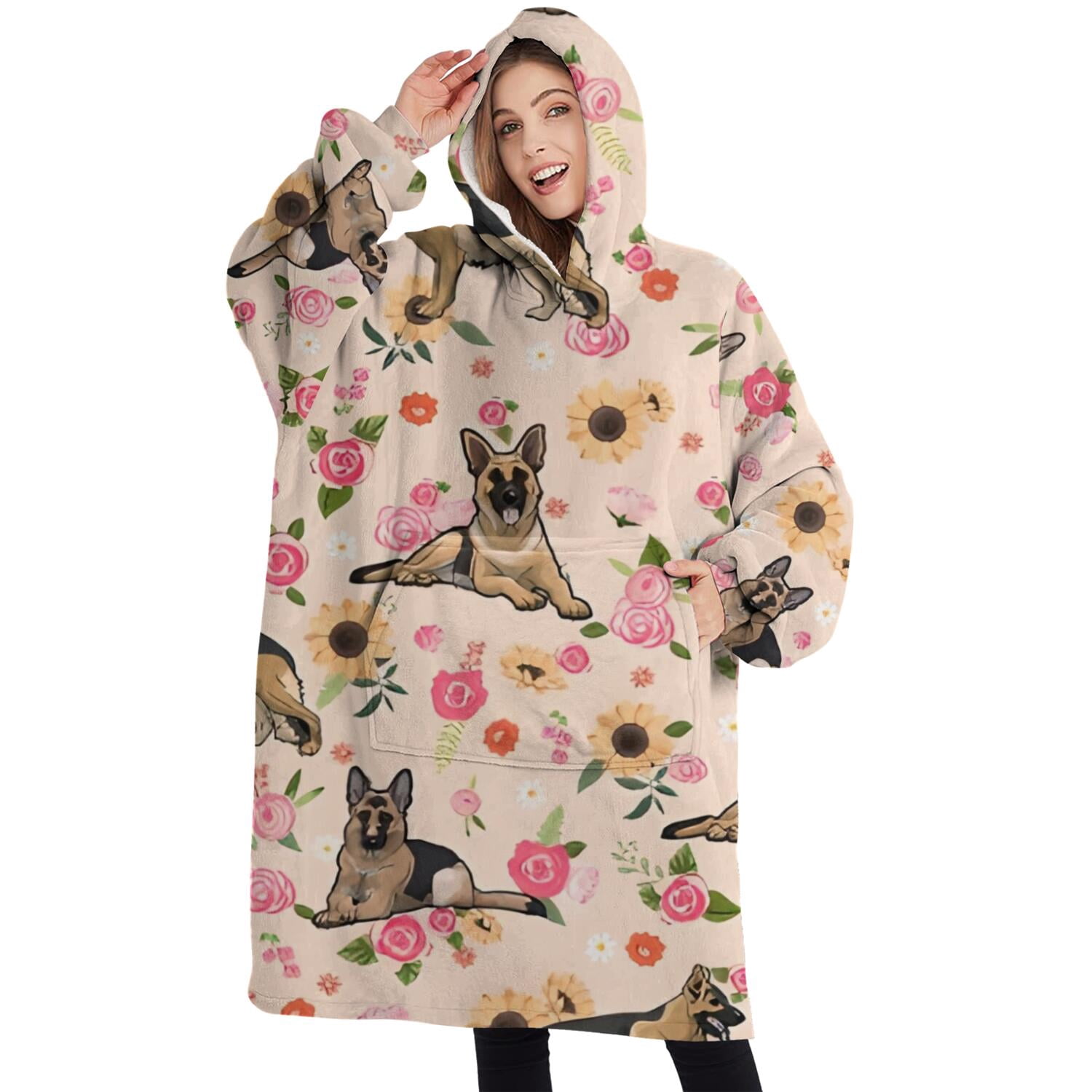 Oversized Wearable Blanket Hoodie,Shepherd Dog and Flower Floral Sherpa Blanket Hoodie with Super Pockets,Super Warm Fuzzy Pullover for Women & Men