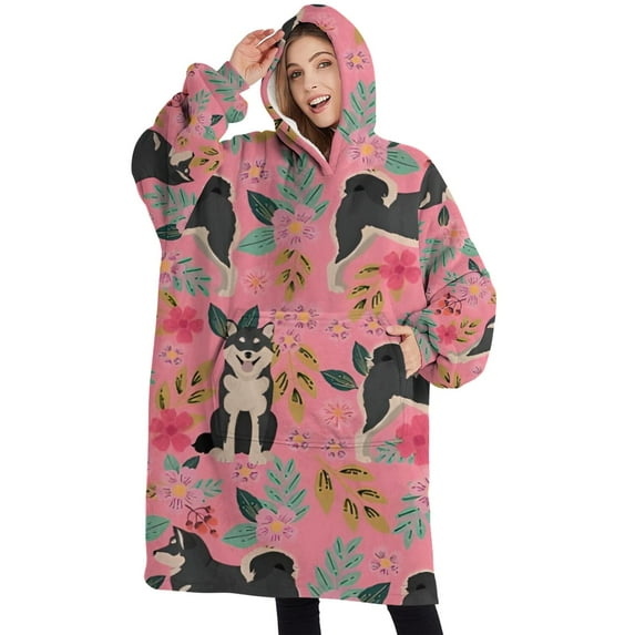 Oversized Wearable Blanket Hoodie,Shiba Inu Dog and Flower Floral Sherpa Blanket Hoodie with Super Pockets,Super Warm Fuzzy Pullover for Women & Men