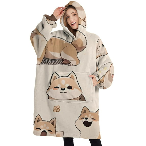 Oversized Wearable Blanket Hoodie,Shiba Inu Sherpa Blanket Hoodie with Super Pockets,Super Warm Fuzzy Pullover for Women & Men