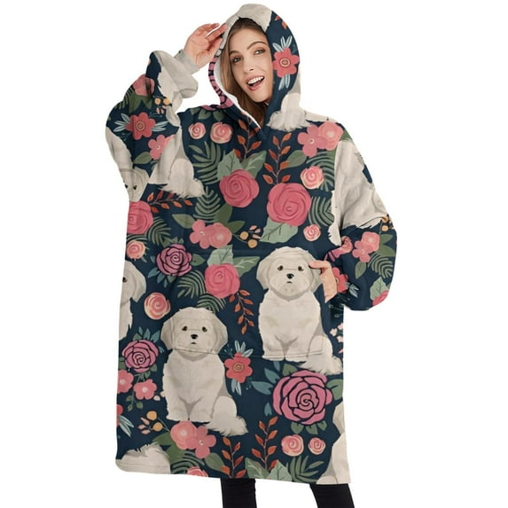 Oversized Wearable Blanket Hoodie,Shih Tzu Dog and Flower Floral Sherpa Blanket Hoodie with Super Pockets,Super Warm Fuzzy Pullover for Women & Men