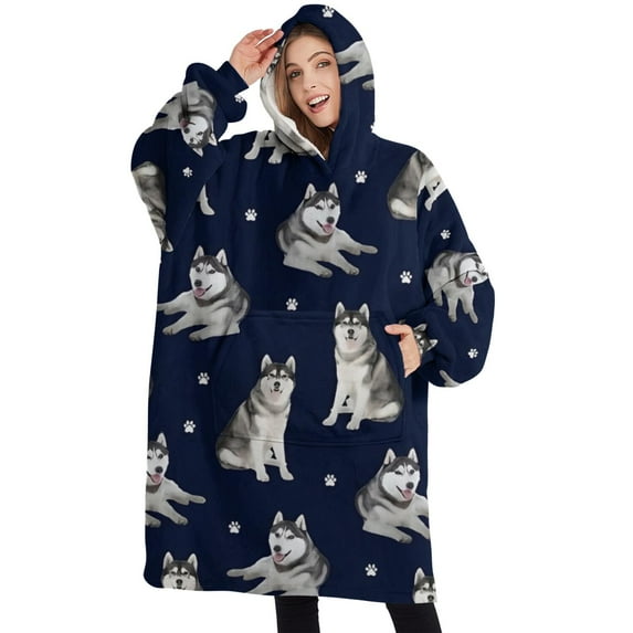 Oversized Wearable Blanket Hoodie,Siberian Husky Sherpa Blanket Hoodie with Super Pockets,Super Warm Fuzzy Pullover for Women & Men