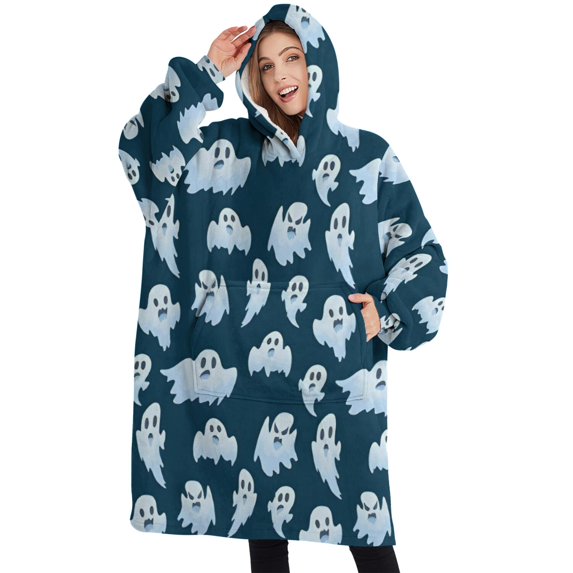 Oversized Wearable Blanket Hoodie,Smiling Ghosts Halloween Pattern Sherpa Blanket Hoodie with Super Pockets,Super Warm Fuzzy Pullover for Women & Men