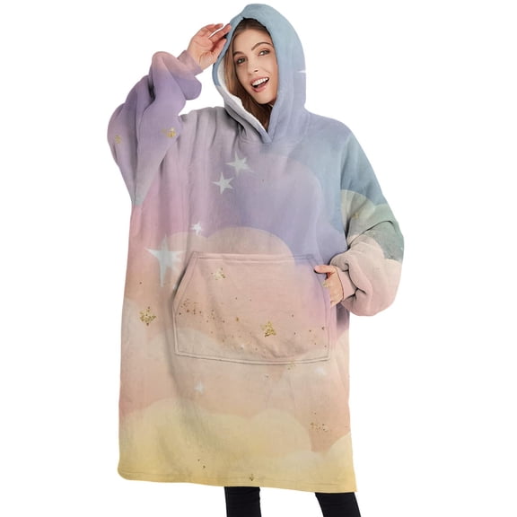 Oversized Wearable Blanket Hoodie,Soft Cloud Starry Scene Sherpa Blanket Hoodie with Super Pockets,Super Warm Fuzzy Pullover for Women & Men