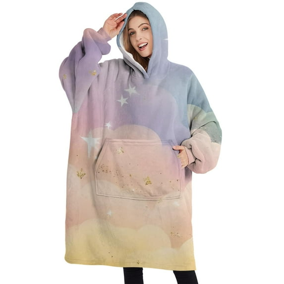 Oversized Wearable Blanket Hoodie,Soft Cloud Starry Scene Sherpa Blanket Hoodie with Super Pockets,Super Warm Fuzzy Pullover for Women & Men