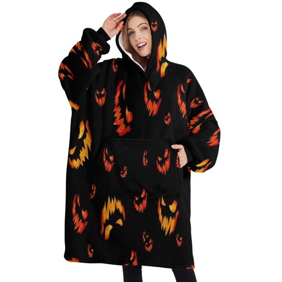 Oversized Wearable Blanket Hoodie,Spooky Halloween Faces Pattern Sherpa Blanket Hoodie with Super Pockets,Super Warm Fuzzy Pullover for Women & Men