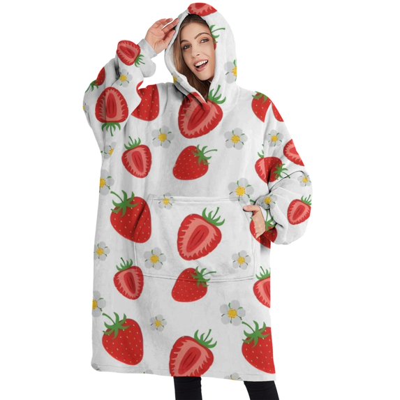 Oversized Wearable Blanket Hoodie,Strawberry Plants Fruit Flowe Sherpa Blanket Hoodie with Super Pockets,Super Warm Fuzzy Pullover for Women & Men