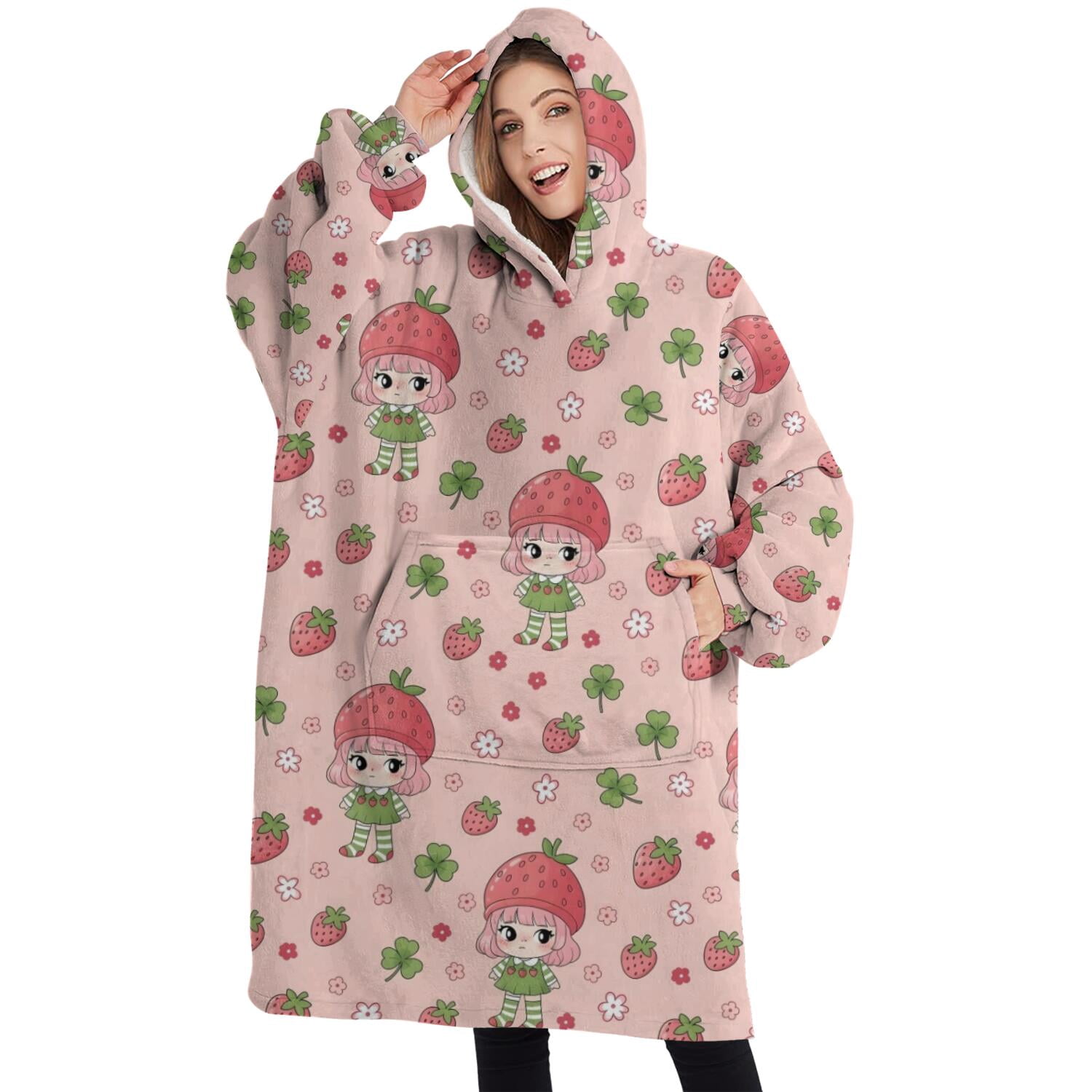 Oversized Wearable Blanket Hoodie,Strawberry Princess Pattern Sherpa Blanket Hoodie with Super Pockets,Super Warm Fuzzy Pullover for Women & Men