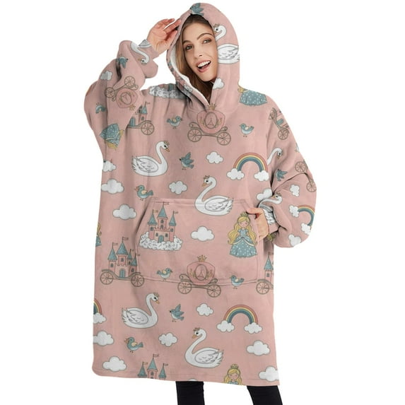 Oversized Wearable Blanket Hoodie,Swan Princess Castle Pattern Sherpa Blanket Hoodie with Super Pockets,Super Warm Fuzzy Pullover for Women & Men