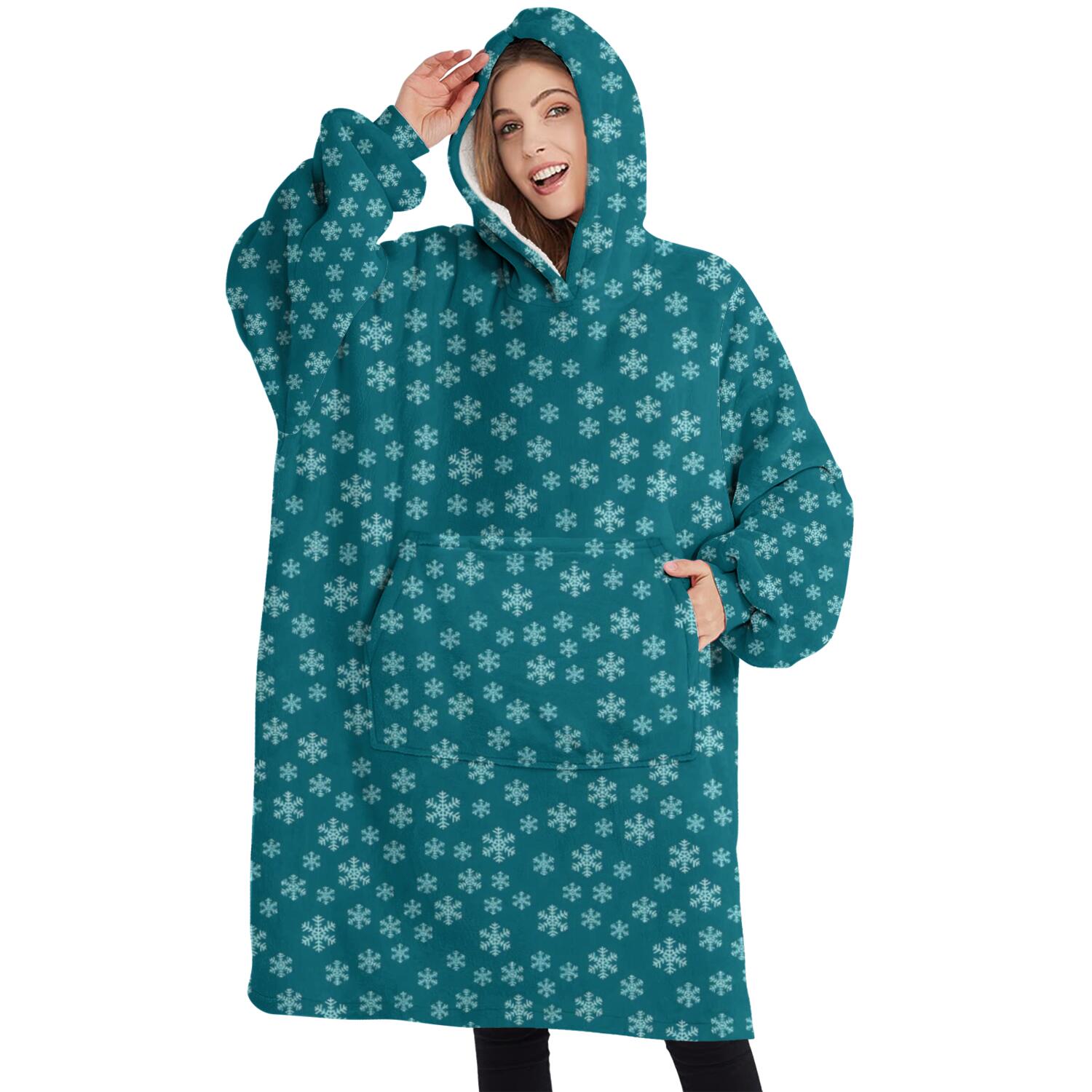 Oversized Wearable Blanket Hoodie,Teal Christmas Snowflake Pattern Sherpa Blanket Hoodie with Super Pockets,Super Warm Fuzzy Pullover for Women & Men