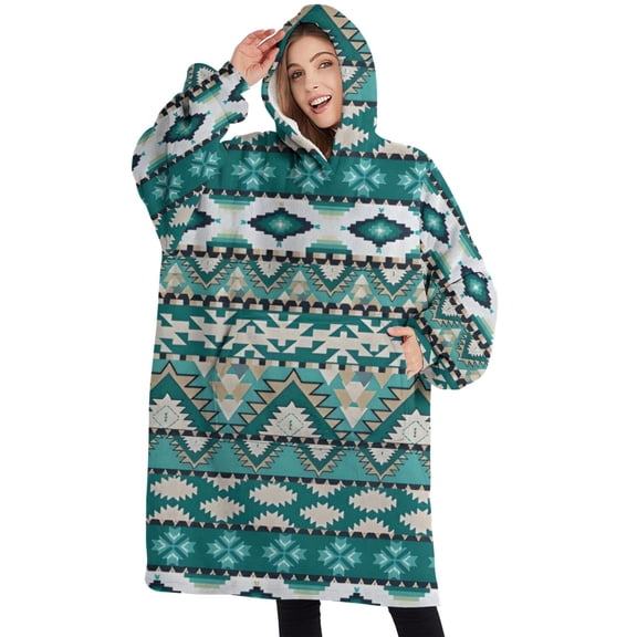Oversized Wearable Blanket Hoodie,Teal Geometric Boho Pattern Sherpa Blanket Hoodie with Super Pockets,Super Warm Fuzzy Pullover for Women & Men