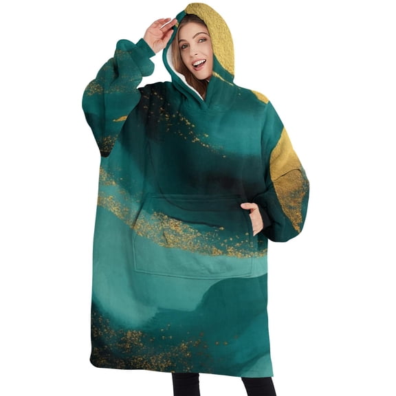 Oversized Wearable Blanket Hoodie,Teal and Gold Marble Flow Lines Pattern Sherpa Blanket Hoodie with Super Pockets,Super Warm Fuzzy Pullover for Women & Men