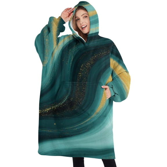 Oversized Wearable Blanket Hoodie,Teal Gold Marble Wave Pattern Sherpa Blanket Hoodie with Super Pockets,Super Warm Fuzzy Pullover for Women & Men
