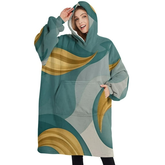 Oversized Wearable Blanket Hoodie,Teal Gold Wave Marble Pattern Sherpa Blanket Hoodie with Super Pockets,Super Warm Fuzzy Pullover for Women & Men