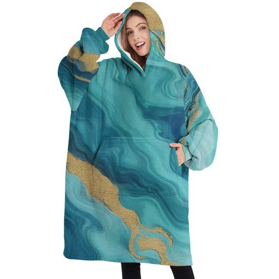 Oversized Wearable Blanket Hoodie,Teal Marble Gold Wave Pattern Sherpa Blanket Hoodie with Super Pockets,Super Warm Fuzzy Pullover for Women & Men
