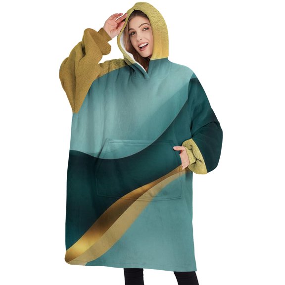 Oversized Wearable Blanket Hoodie,Teal Marble Gold Wave Pattern Sherpa Blanket Hoodie with Super Pockets,Super Warm Fuzzy Pullover for Women & Men