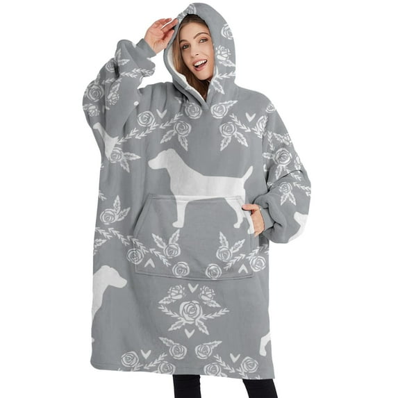 Oversized Wearable Blanket Hoodie,Terrier Dog Silhouette Dog and Flower Floral Sherpa Blanket Hoodie with Super Pockets,Super Warm Fuzzy Pullover for Women & Men