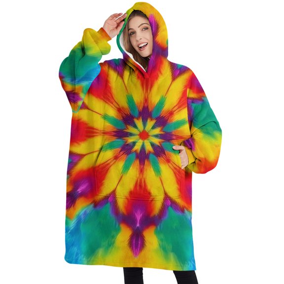 Oversized Wearable Blanket Hoodie,Tie Dye Colorful Flower Pattern Sherpa Blanket Hoodie with Super Pockets,Super Warm Fuzzy Pullover for Women & Men