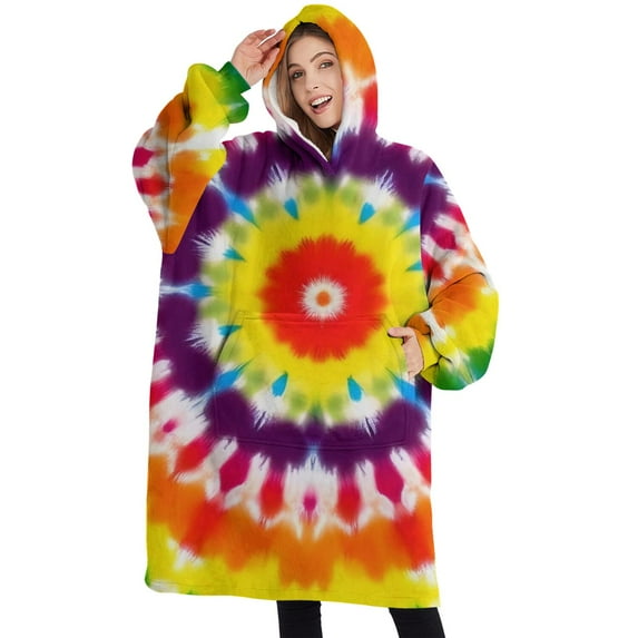 Oversized Wearable Blanket Hoodie,Tie Dye Rainbow Concentric Circles Pattern Sherpa Blanket Hoodie with Super Pockets,Super Warm Fuzzy Pullover for Women & Men