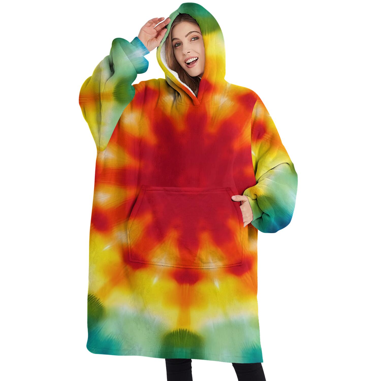 Oversized Wearable Blanket Hoodie,Tie Dye Soft Petal Ring Pattern Sherpa Blanket Hoodie with Super Pockets,Super Warm Fuzzy Pullover for Women & Men
