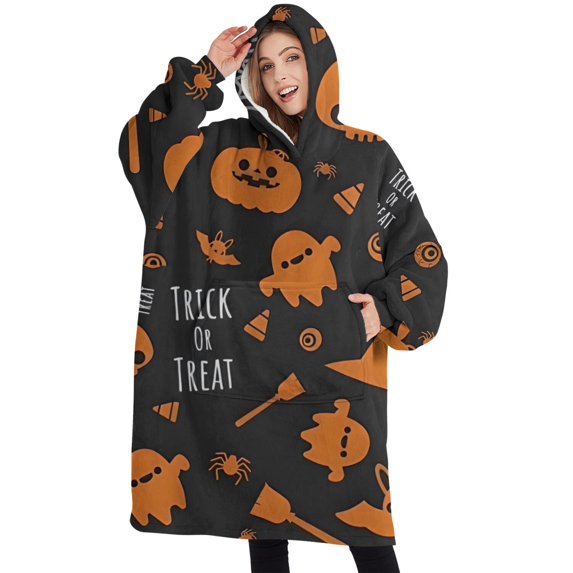 Oversized Wearable Blanket Hoodie,Trick or Treat Halloween Pattern Sherpa Blanket Hoodie with Super Pockets,Super Warm Fuzzy Pullover for Women & Men
