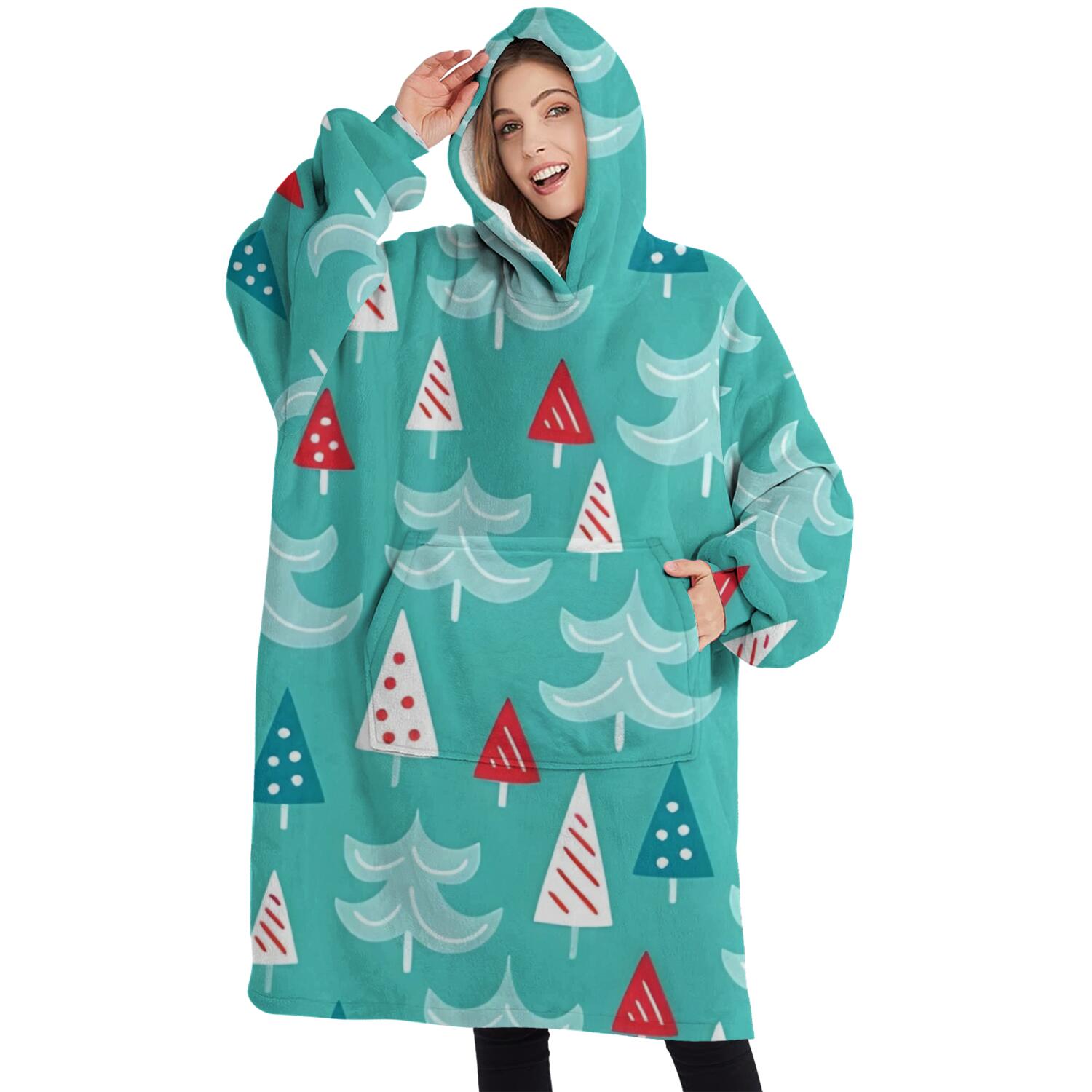 Oversized Wearable Blanket Hoodie,Turquoise Christmas Tree Pattern Sherpa Blanket Hoodie with Super Pockets,Super Warm Fuzzy Pullover for Women & Men