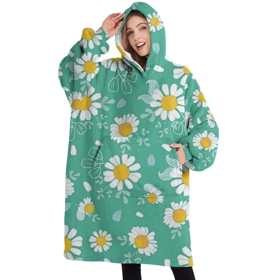 Oversized Wearable Blanket Hoodie,Turquoise Daisy Flower Yellow Centers Pattern Sherpa Blanket Hoodie with Super Pockets,Super Warm Fuzzy Pullover for Women & Men