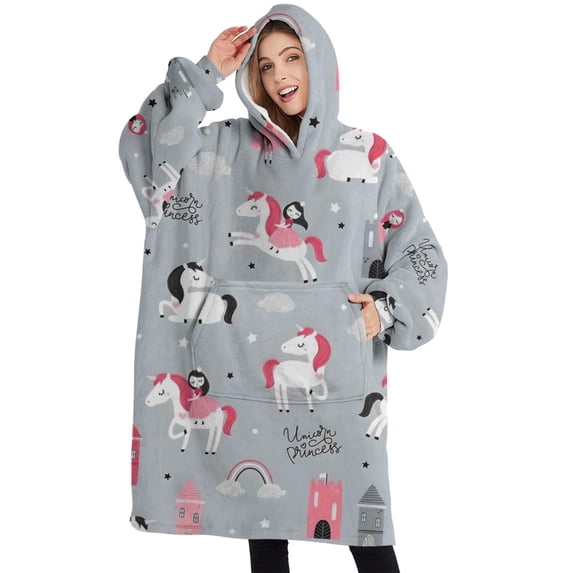 Oversized Wearable Blanket Hoodie,Unicorn Princess Castle Pattern Sherpa Blanket Hoodie with Super Pockets,Super Warm Fuzzy Pullover for Women & Men