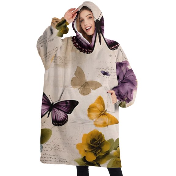 Oversized Wearable Blanket Hoodie,Vintage Butterfly Flower Pattern Sherpa Blanket Hoodie with Super Pockets,Super Warm Fuzzy Pullover for Women & Men
