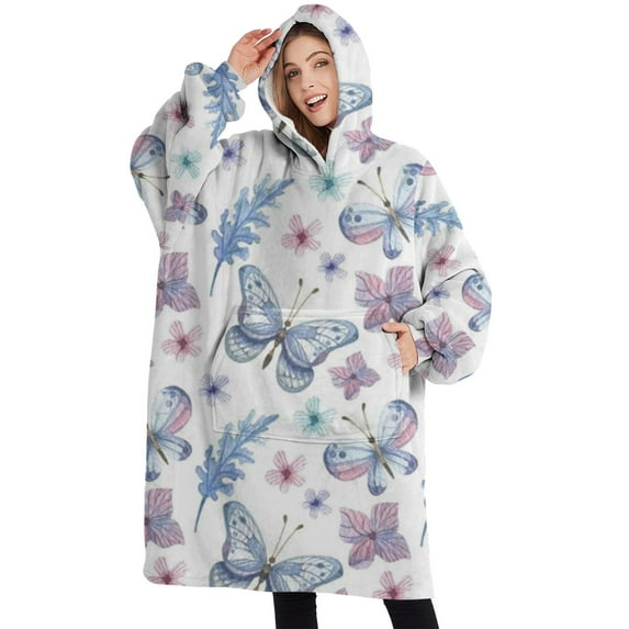 Oversized Wearable Blanket Hoodie,Watercolor Butterfly Flower Leaf White Pattern Sherpa Blanket Hoodie with Super Pockets,Super Warm Fuzzy Pullover for Women & Men