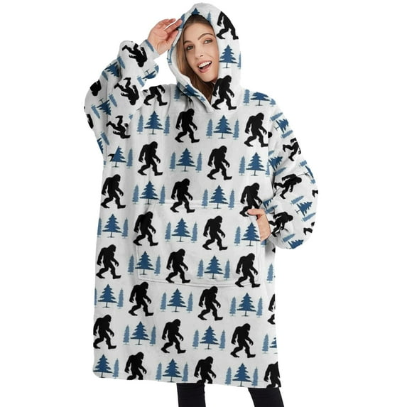 Oversized Wearable Blanket Hoodie,White Bigfoot and Pine Tree Pattern Sherpa Blanket Hoodie with Super Pockets,Super Warm Fuzzy Pullover for Women & Men