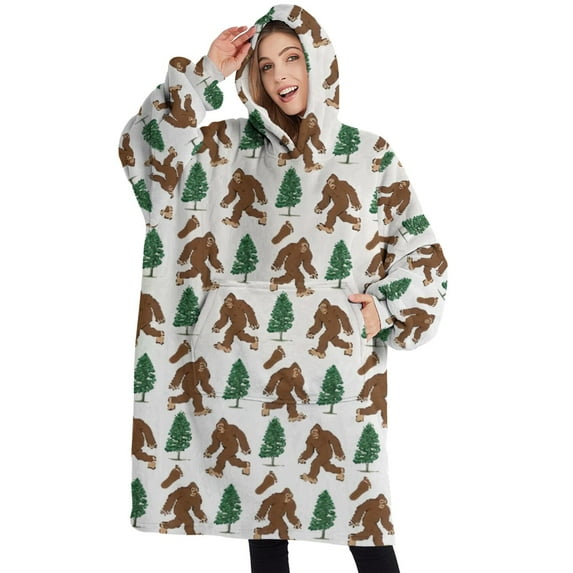 Oversized Wearable Blanket Hoodie,White Bigfoot and Tree Pattern Sherpa Blanket Hoodie with Super Pockets,Super Warm Fuzzy Pullover for Women & Men