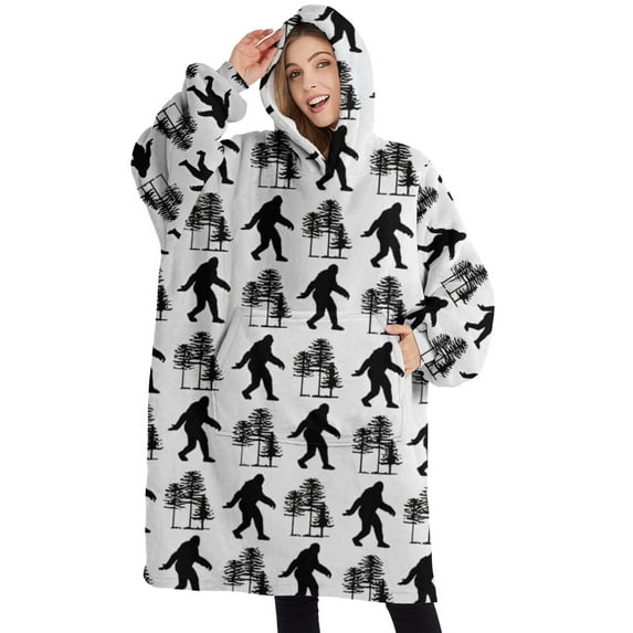 Oversized Wearable Blanket Hoodie,White Bigfoot and Tree Pattern Sherpa Blanket Hoodie with Super Pockets,Super Warm Fuzzy Pullover for Women & Men